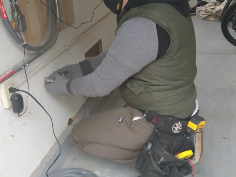 Electrician performing outlet wiring in a Carmel garage